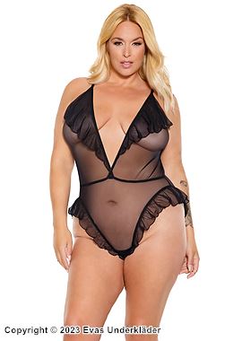 Romantischer Dessous-Teddy, durchsichtiges Netz, Rüschenbesatz, tiefer Ausschnitt, Plus Size